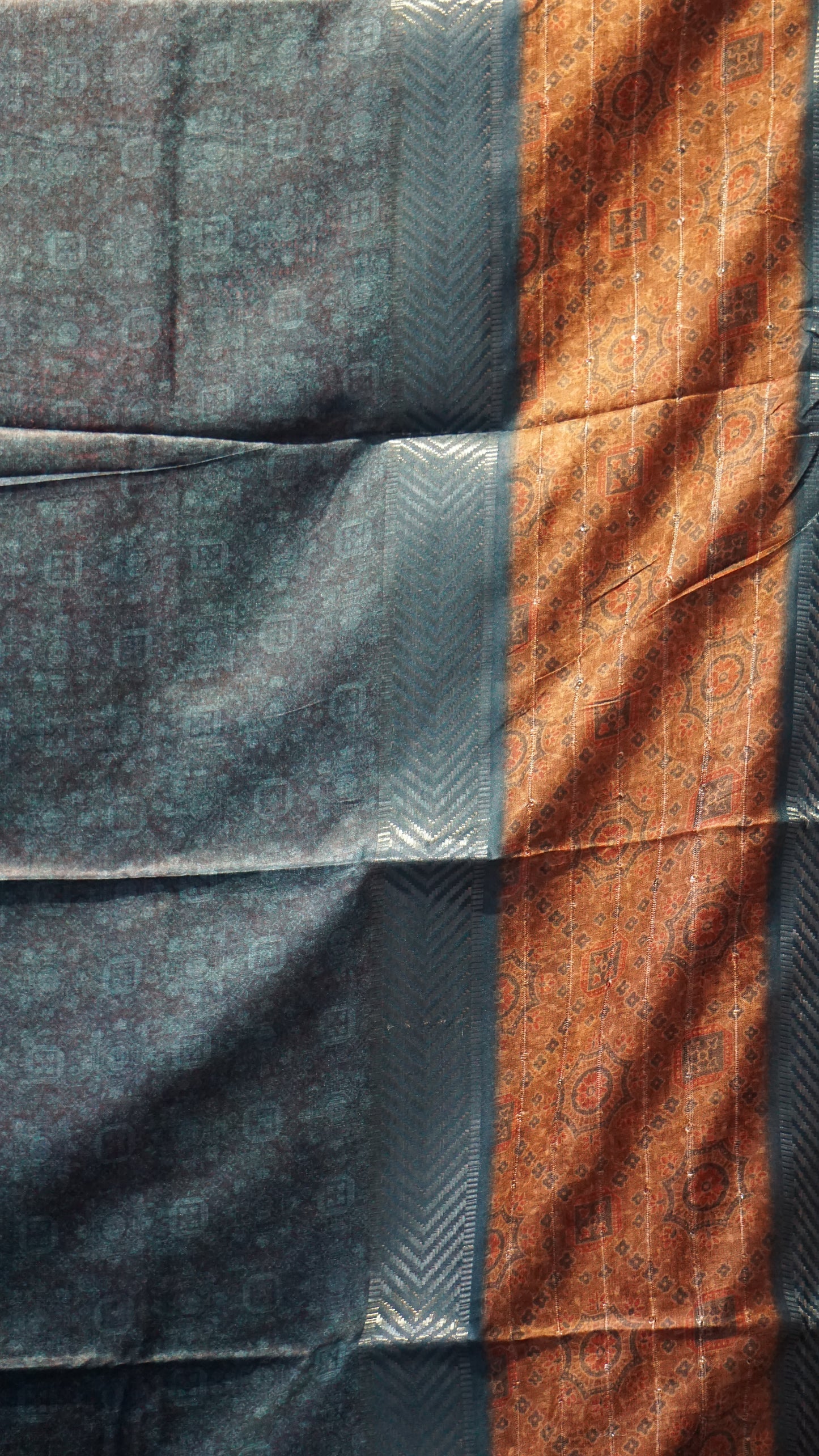 Semi Printed Silk Ajrak Print Brown - Teal Blue