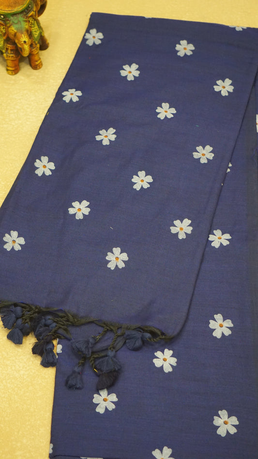 Handloom Cotton Saree - Ink Blue With White Flower