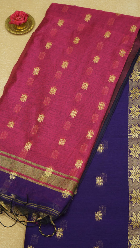 Handloom Cotton Saree Semi Maheshwari Design - Violet With Pink