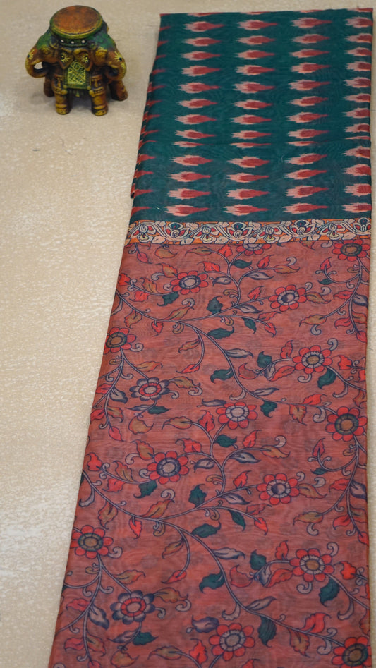 Chanderi Saree Ikkatkari Print - Peach & Green