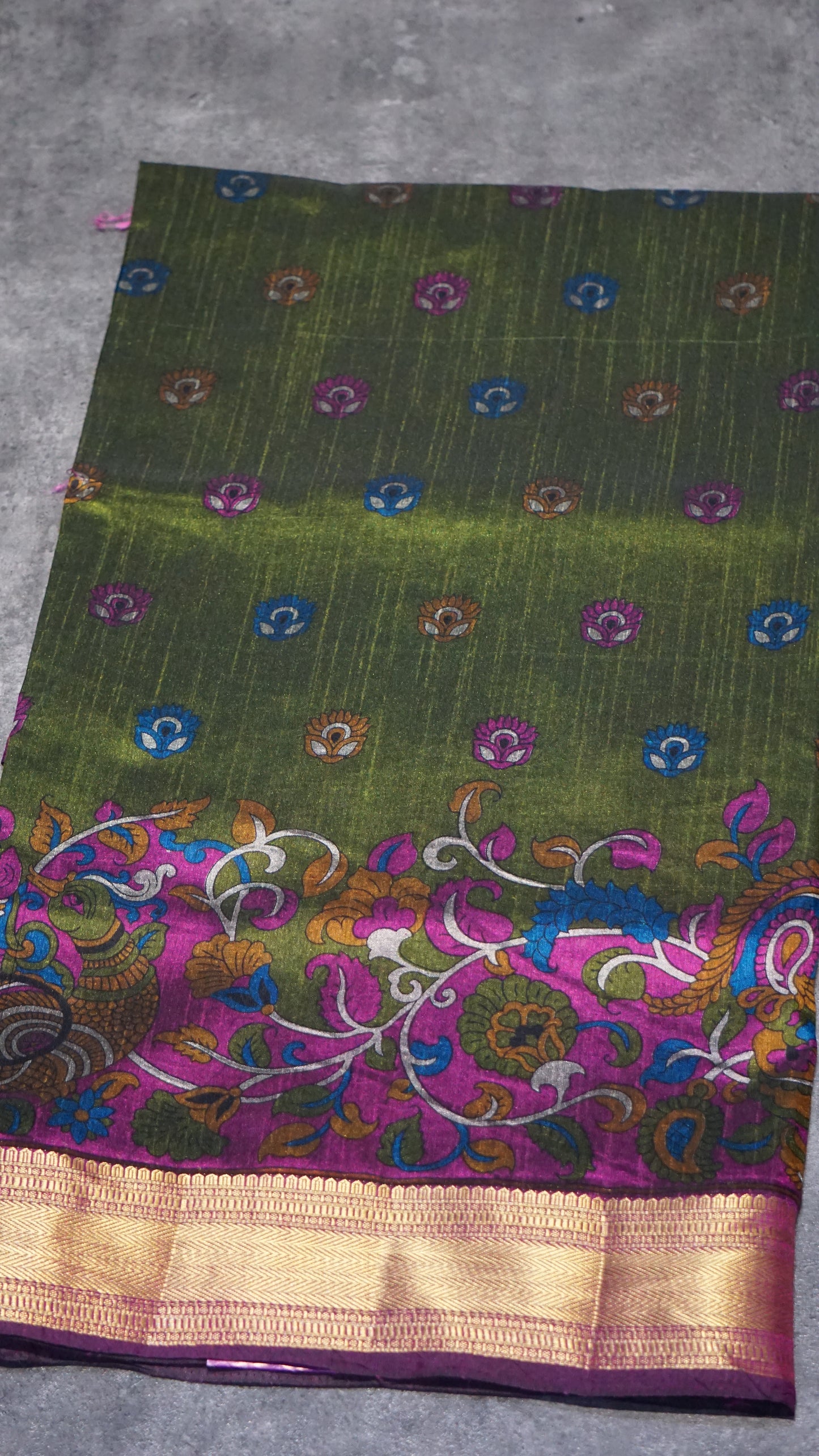 Semi Pattola Saree Kalamkari Print Olive Green