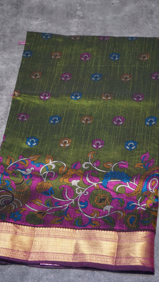 Semi Pattola Saree Kalamkari Print Olive Green
