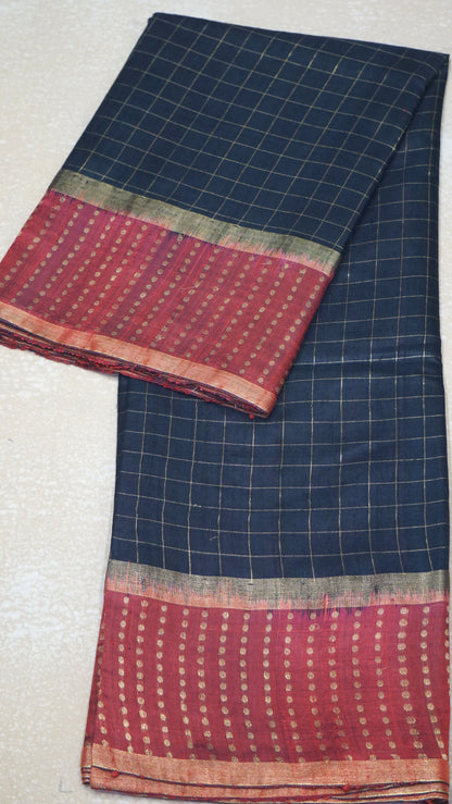 Pure Dupion Silk Saree Checks - Black With Maroon Border