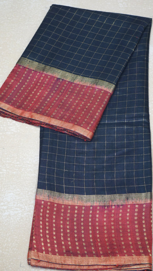 Pure Dupion Silk Saree Checks - Black With Maroon Border