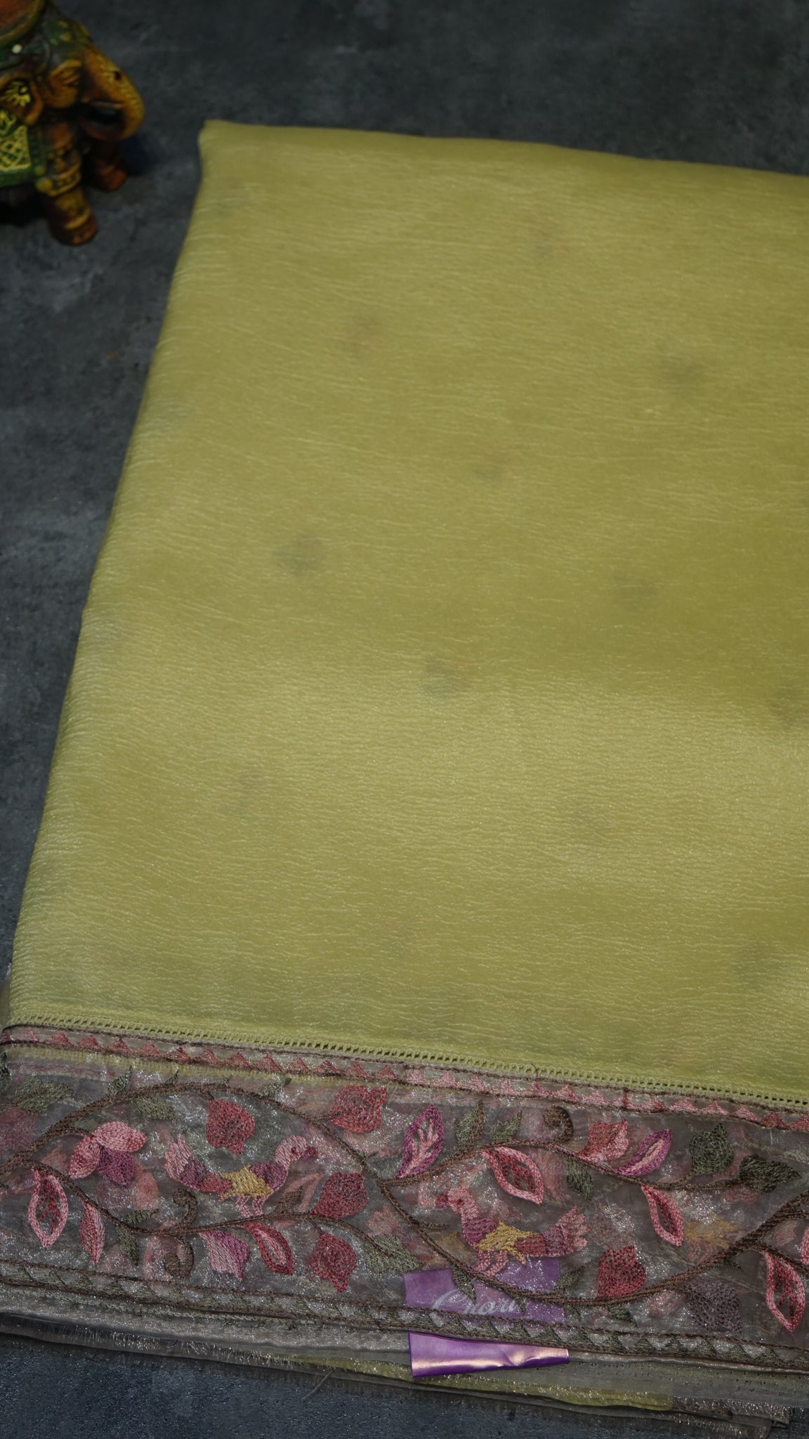 Semi Tussar Saree Crushed With Tissue Border Lime Yellow