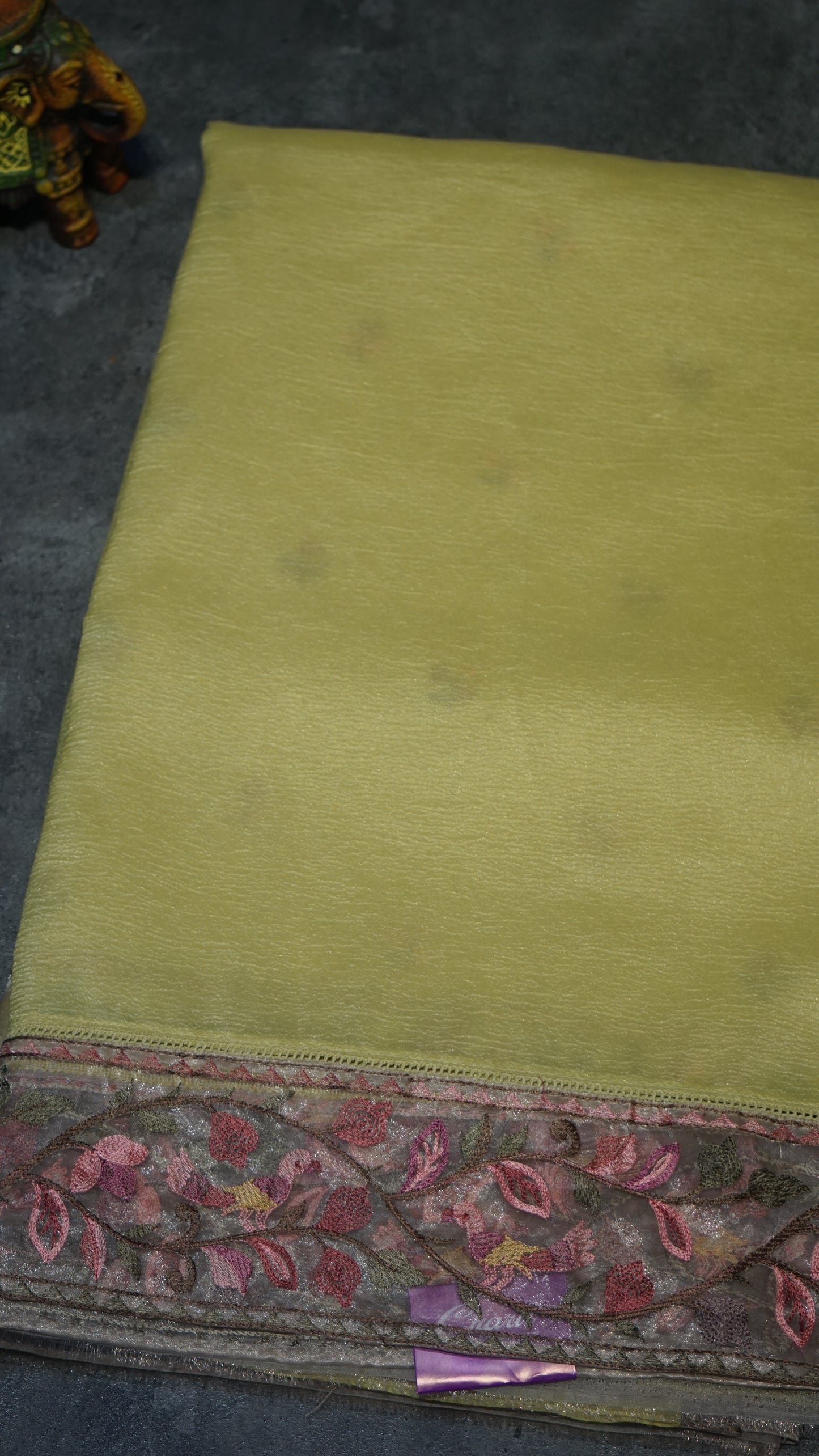 Semi Tussar Saree Crushed With Tissue Border Lime Yellow