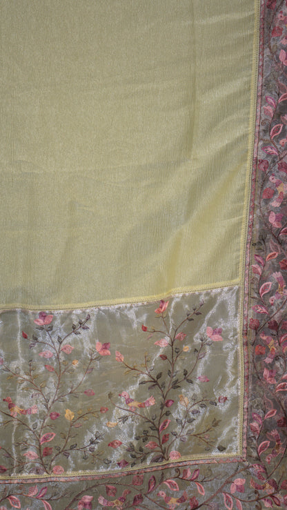Semi Tussar Saree Crushed With Tissue Border Lime Yellow