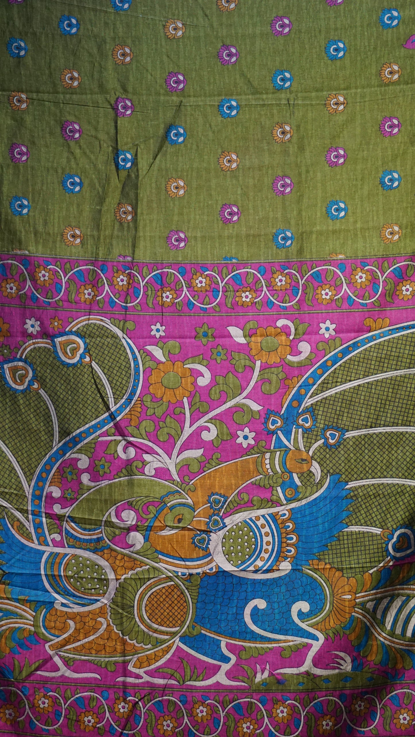 Semi Pattola Saree Kalamkari Print Olive Green
