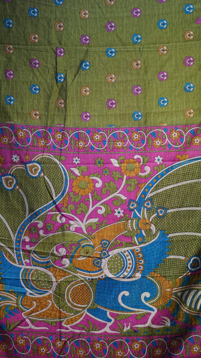 Semi Pattola Saree Kalamkari Print Olive Green