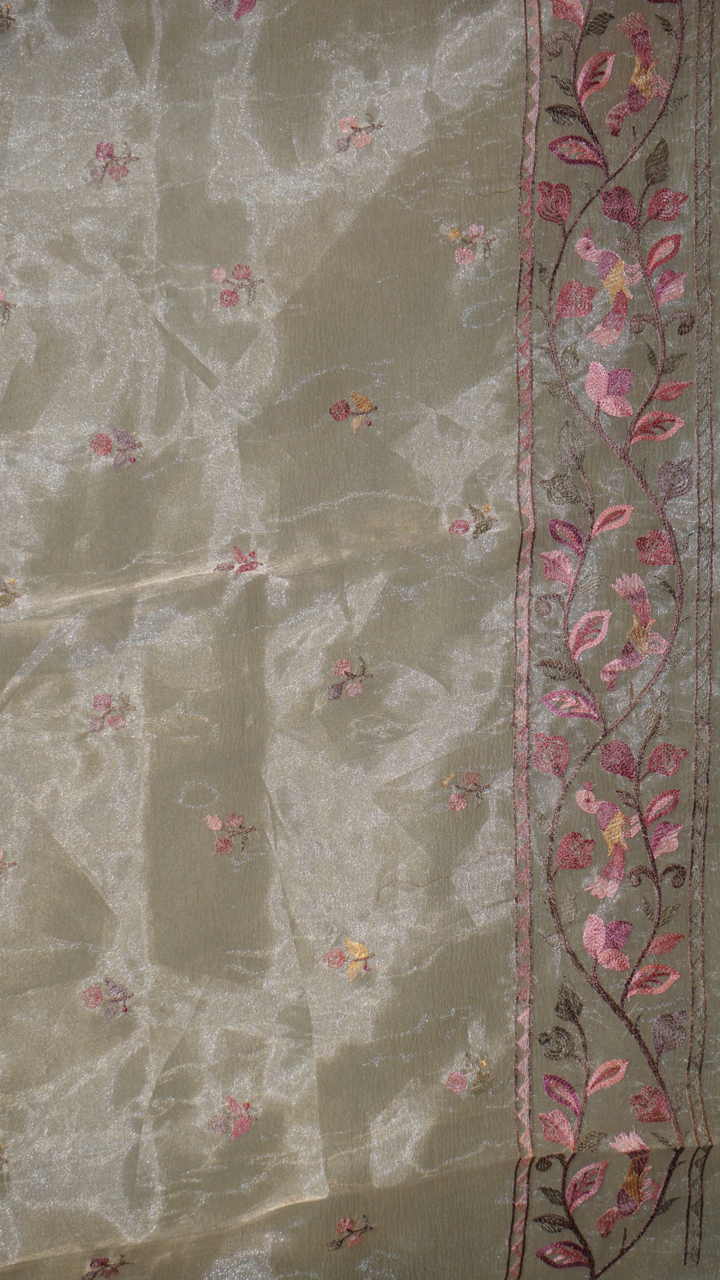 Semi Tussar Saree Crushed With Tissue Border Lime Yellow
