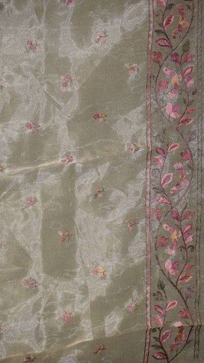 Semi Tussar Saree Crushed With Tissue Border Lime Yellow