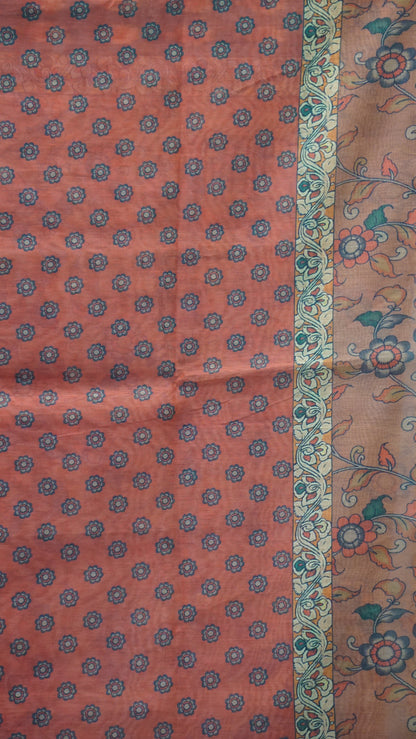 Chanderi Saree Ikkatkari Print - Peach & Green