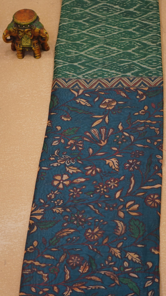Chanderi Saree Ikkatkari Print - Teal Blue & Green
