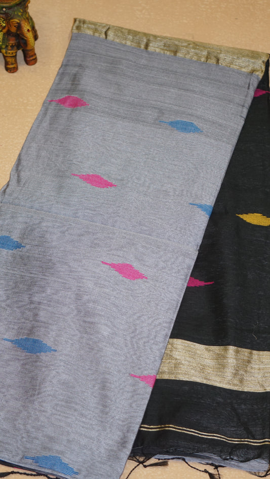 Handloom Cotton Saree - Light Grey & Black