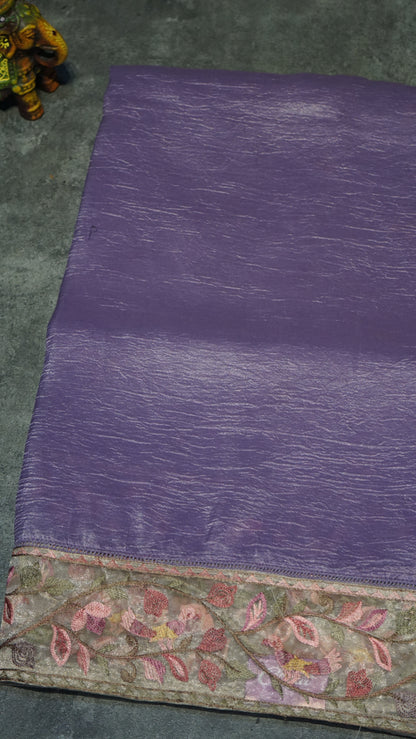 Semi Tussar Saree Crushed With Tissue Border Lavender