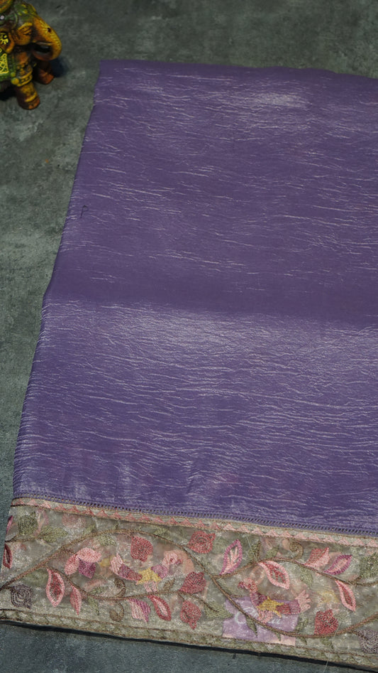 Semi Tussar Saree Crushed With Tissue Border Lavender