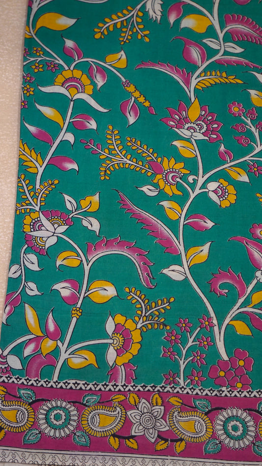 Kalamkari Saree Cotton - Green With Pink Border