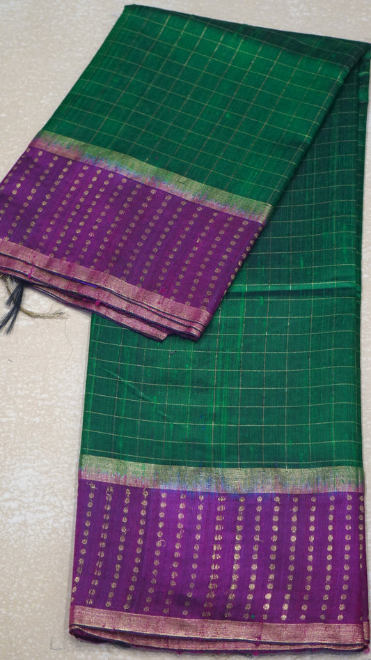 Pure Dupion Silk Saree Checks - Parrot Green with purple border