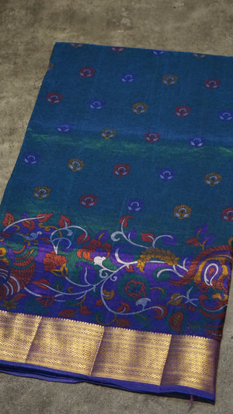 Semi Pattola Saree Kalamkari Print Royal Blue