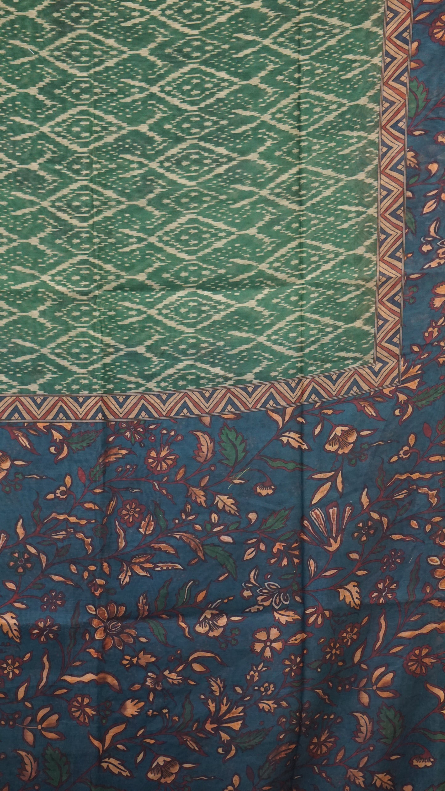 Chanderi Saree Ikkatkari Print - Teal Blue & Green