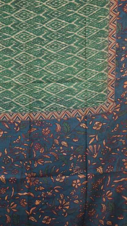 Chanderi Saree Ikkatkari Print - Teal Blue & Green