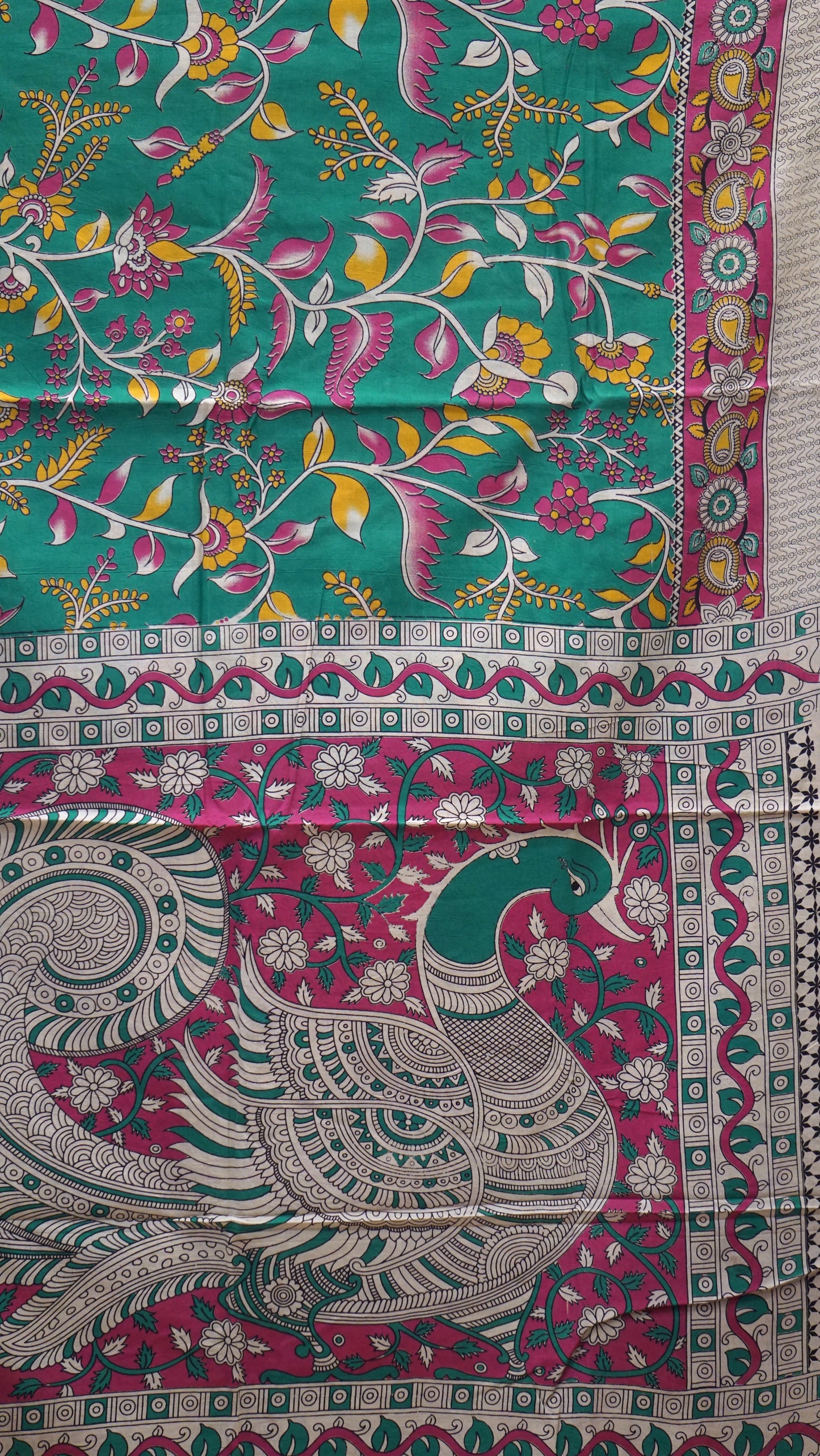 Kalamkari Saree Cotton - Green With Pink Border