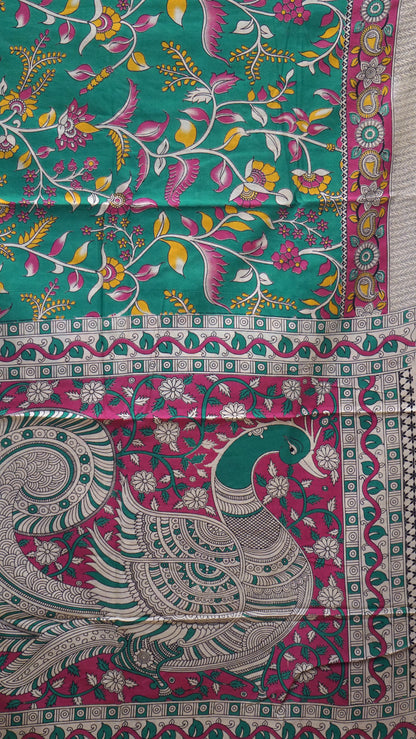 Kalamkari Saree Cotton - Green With Pink Border