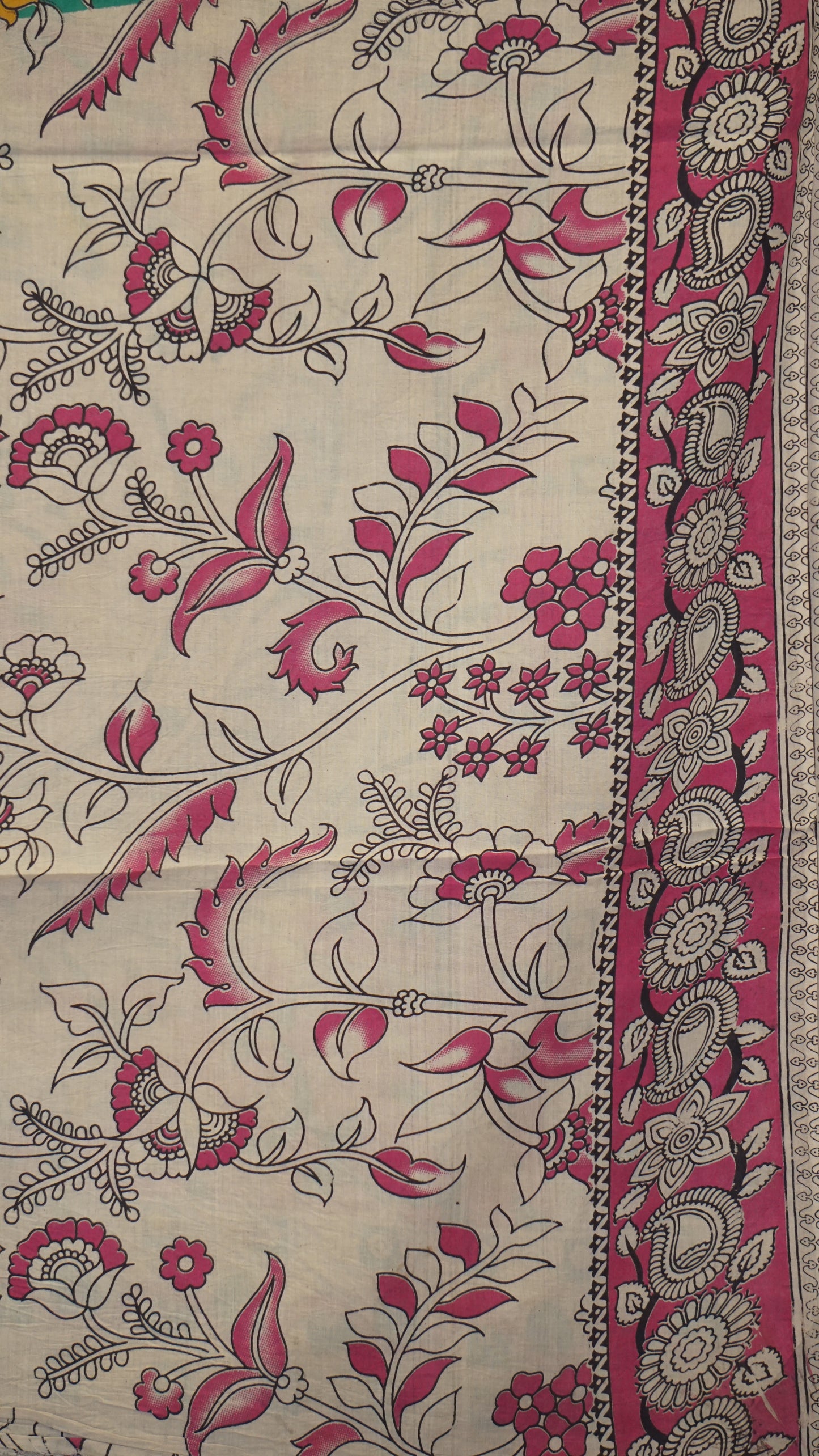 Kalamkari Saree Cotton - Green With Pink Border