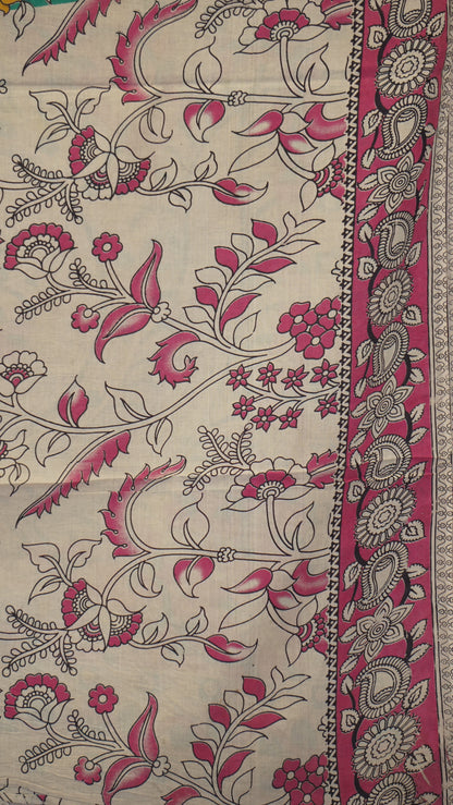 Kalamkari Saree Cotton - Green With Pink Border