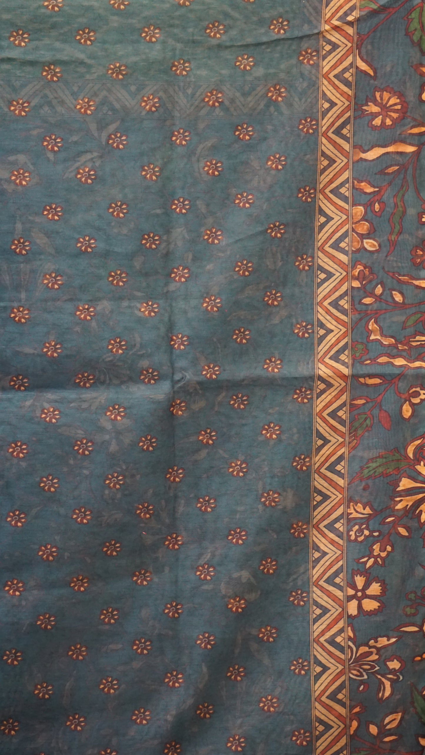 Chanderi Saree Ikkatkari Print - Teal Blue & Green