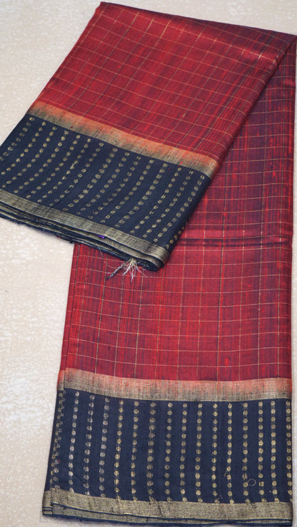 Pure Dupion Silk Saree Checks - Maroon with Black Border