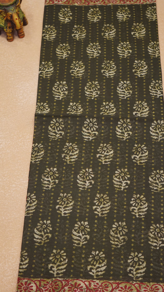 Kora Cotton Saree - Dark Green