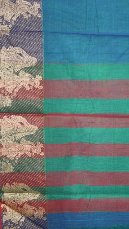Narayanapet Cotton Saree Radha Print Peacock Blue - Maroon Border