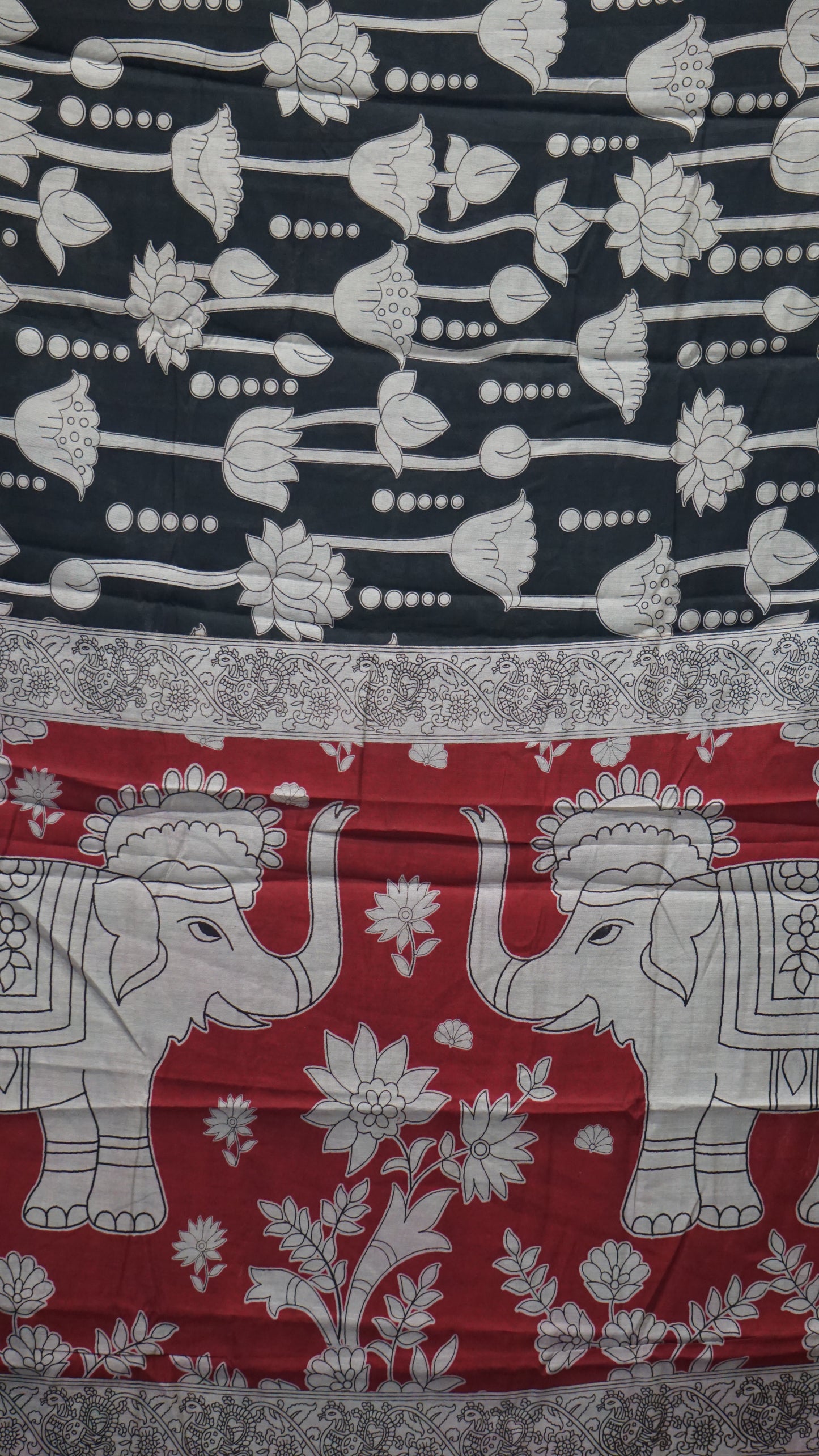 Malai Cotton Saree Pichwai Print - Black With Red Border
