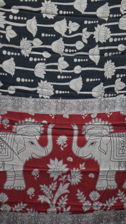 Malai Cotton Saree Pichwai Print - Black With Red Border