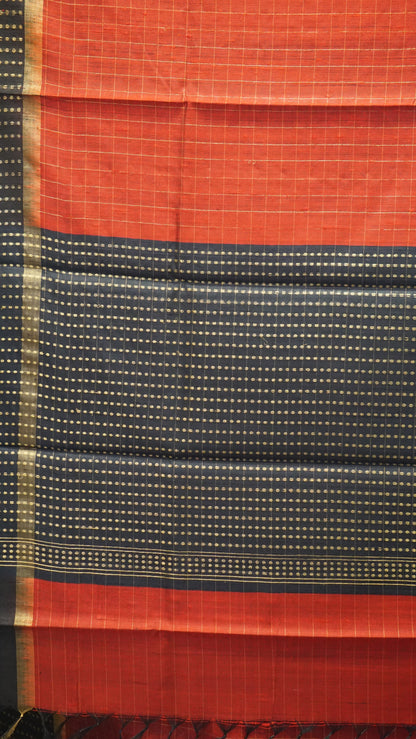 Pure Dupion Silk Saree Checks - Maroon with Black Border