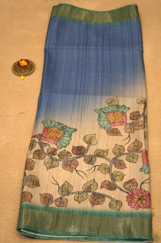 Semi Tussar Saree Kalamkari Print -Blue Green