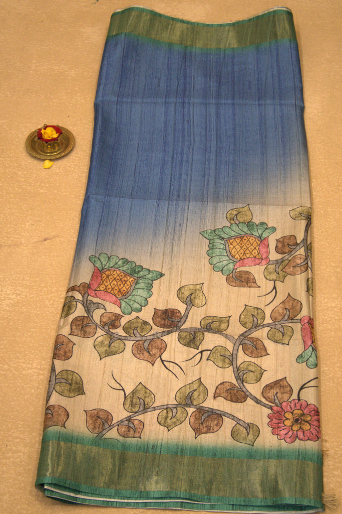 Semi Tussar Saree Kalamkari Print -Blue Green
