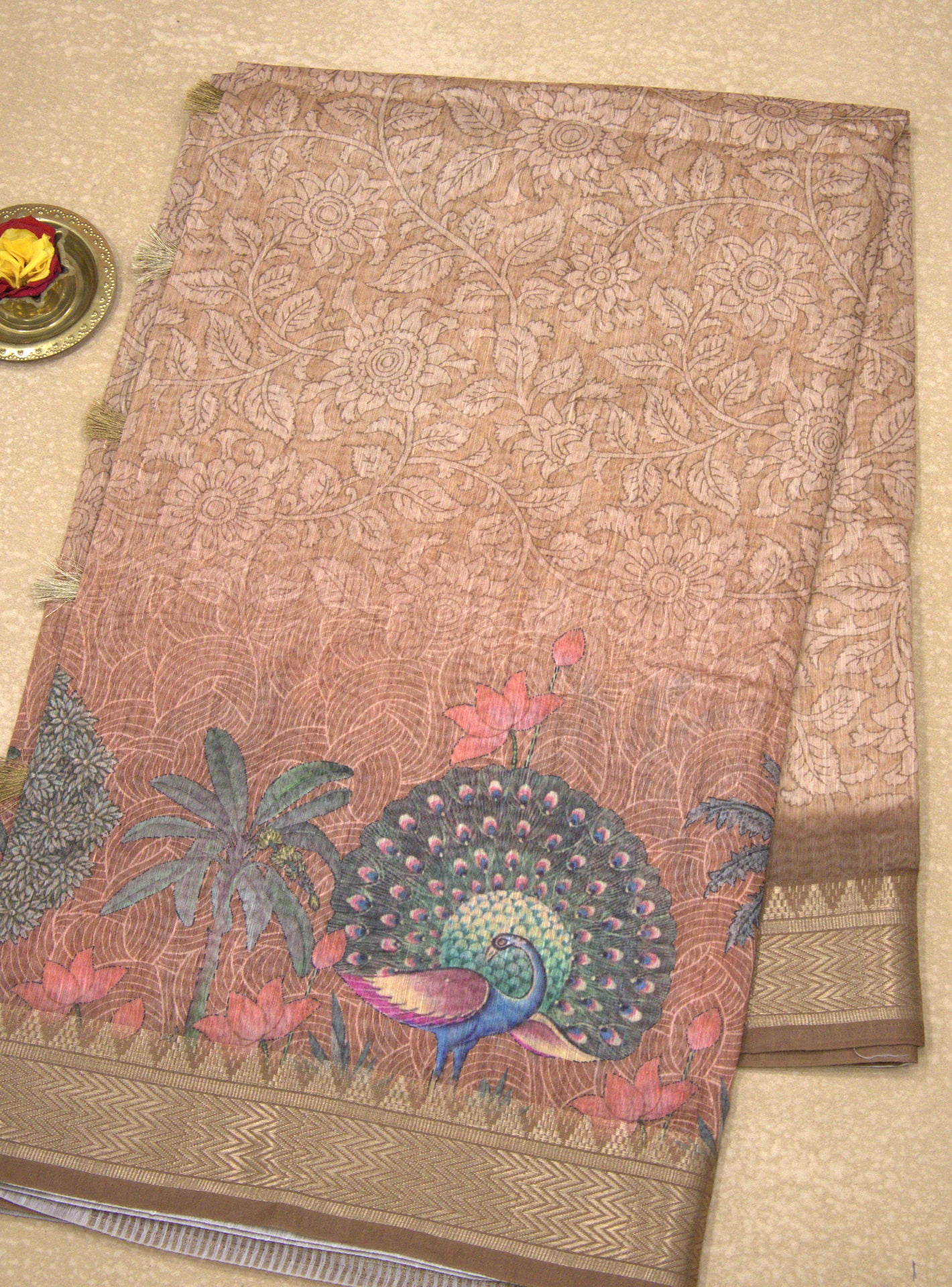 Semi Chanderi Saree Peacock Print-Brown