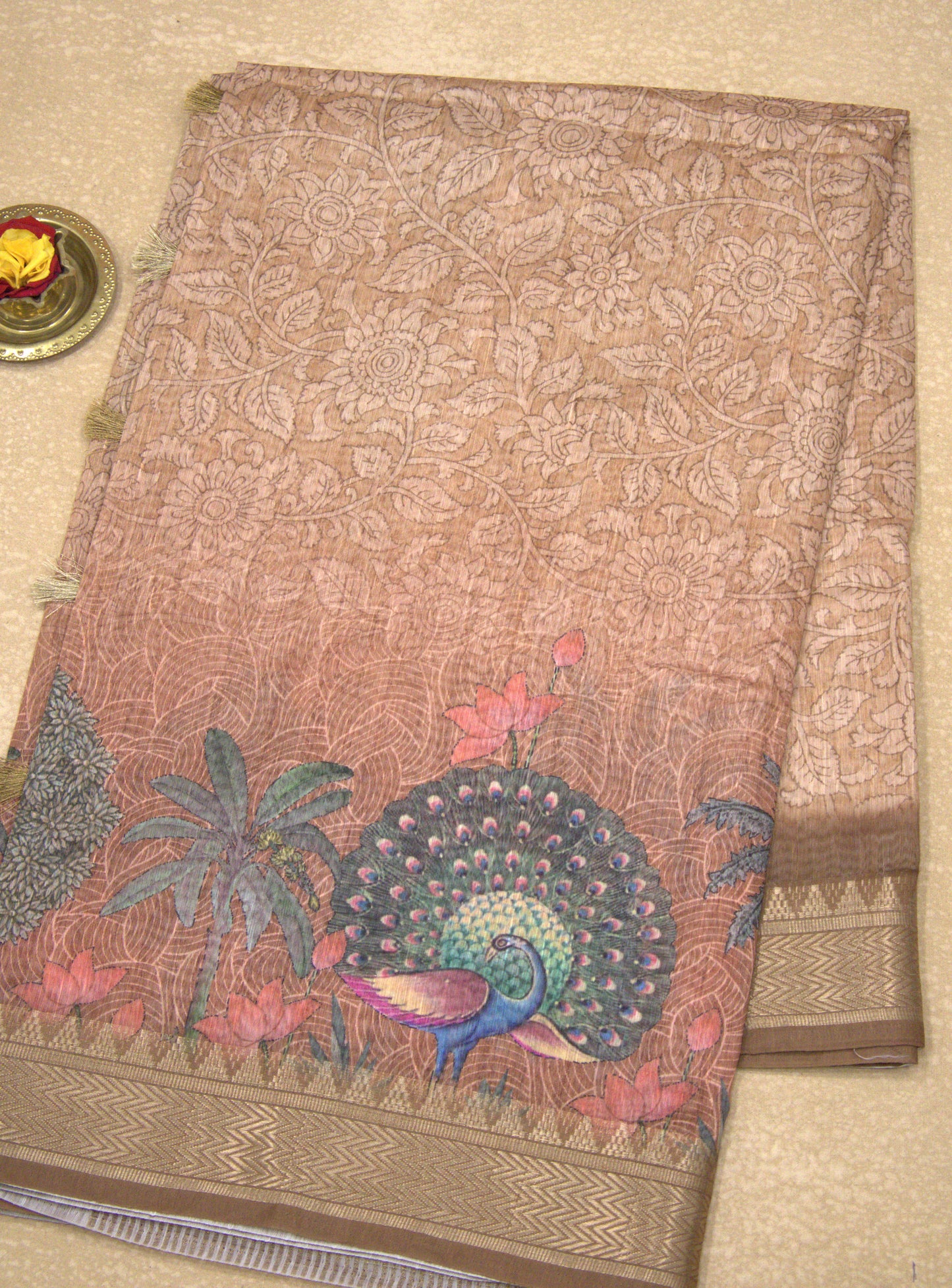 Semi Chanderi Saree Peacock Print-Brown