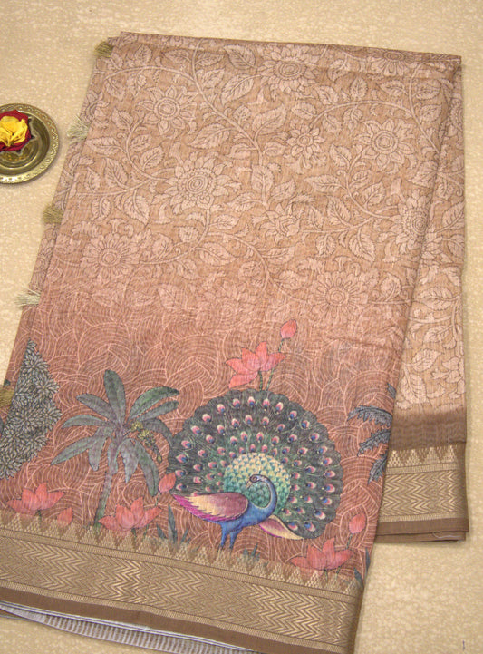Semi Chanderi Saree Peacock Print-Brown