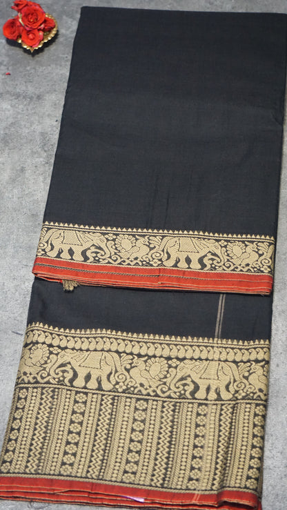 Narayanapet Cotton Saree Elephant Border Black