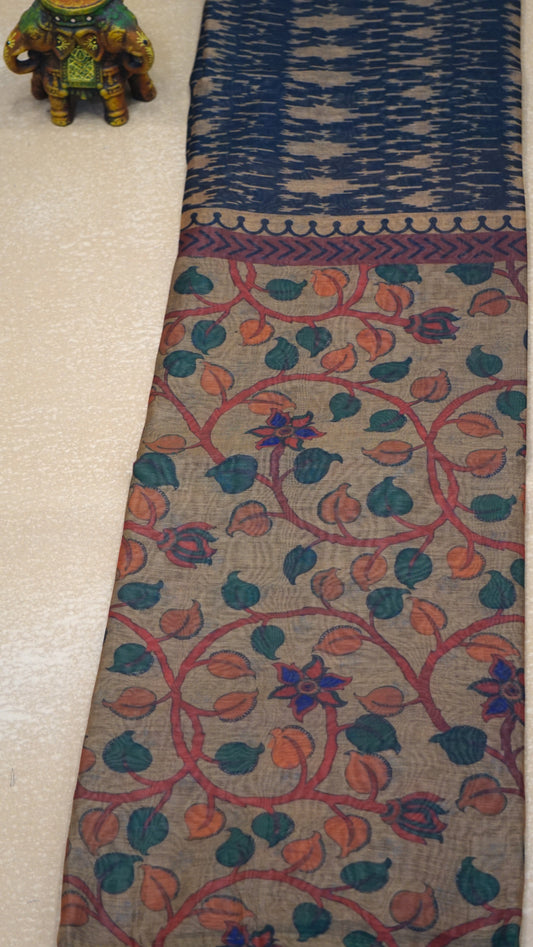 Chanderi Saree Ikkatkari Print - Sandal & Navy Blue