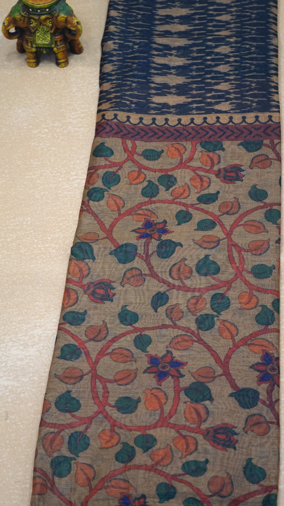 Chanderi Saree Ikkatkari Print - Sandal & Navy Blue