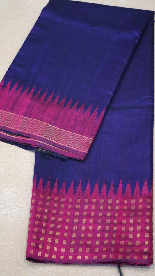 Pure Dupion Silk Saree - Navy Blue with Pink Border