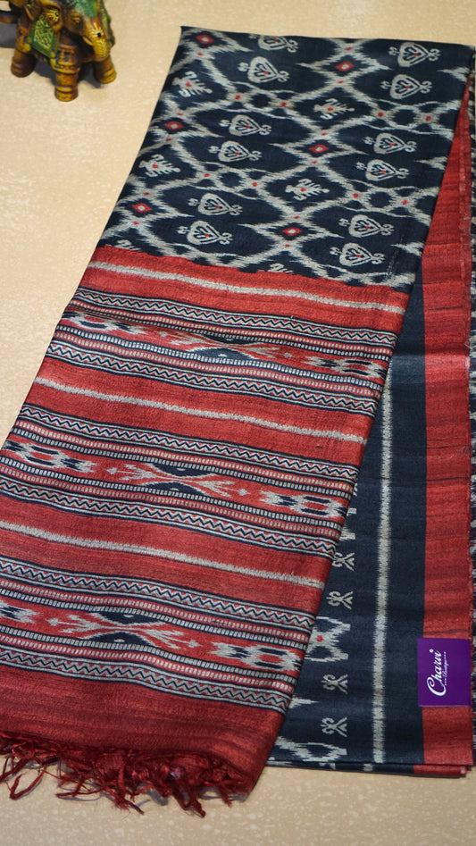 Pure Tussar Saree - Navy Blue & Brick Red