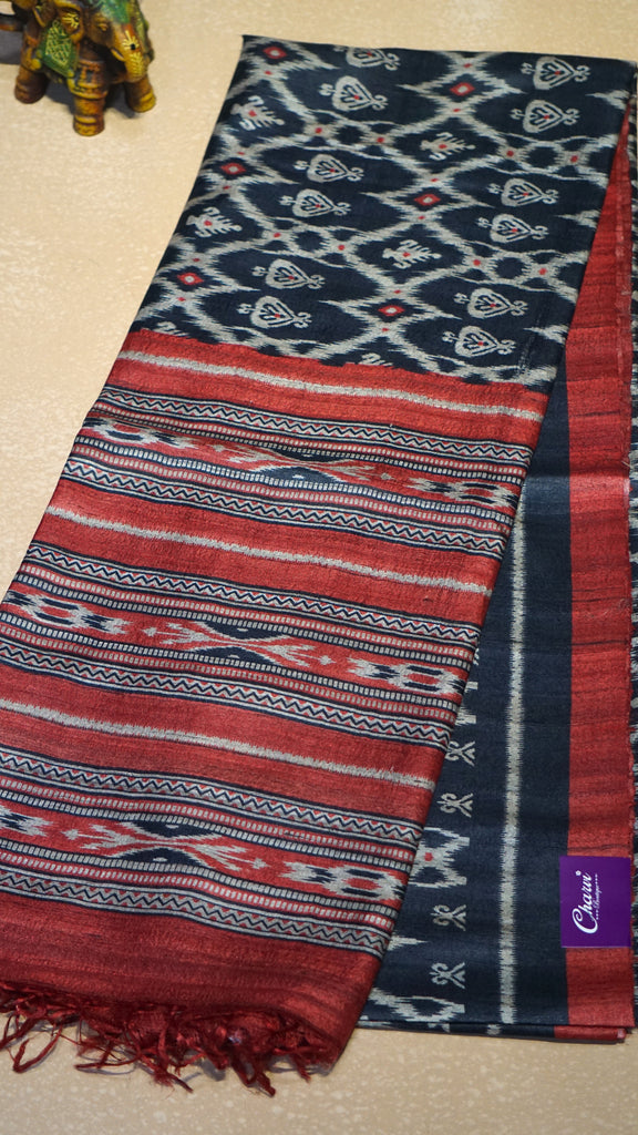 Pure Tussar Saree - Navy Blue & Brick Red