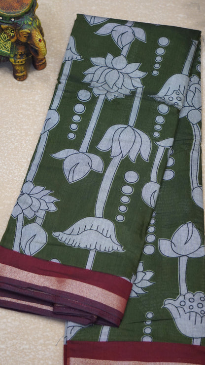 Malai Cotton Saree Pichwai Print - Green With Red Border