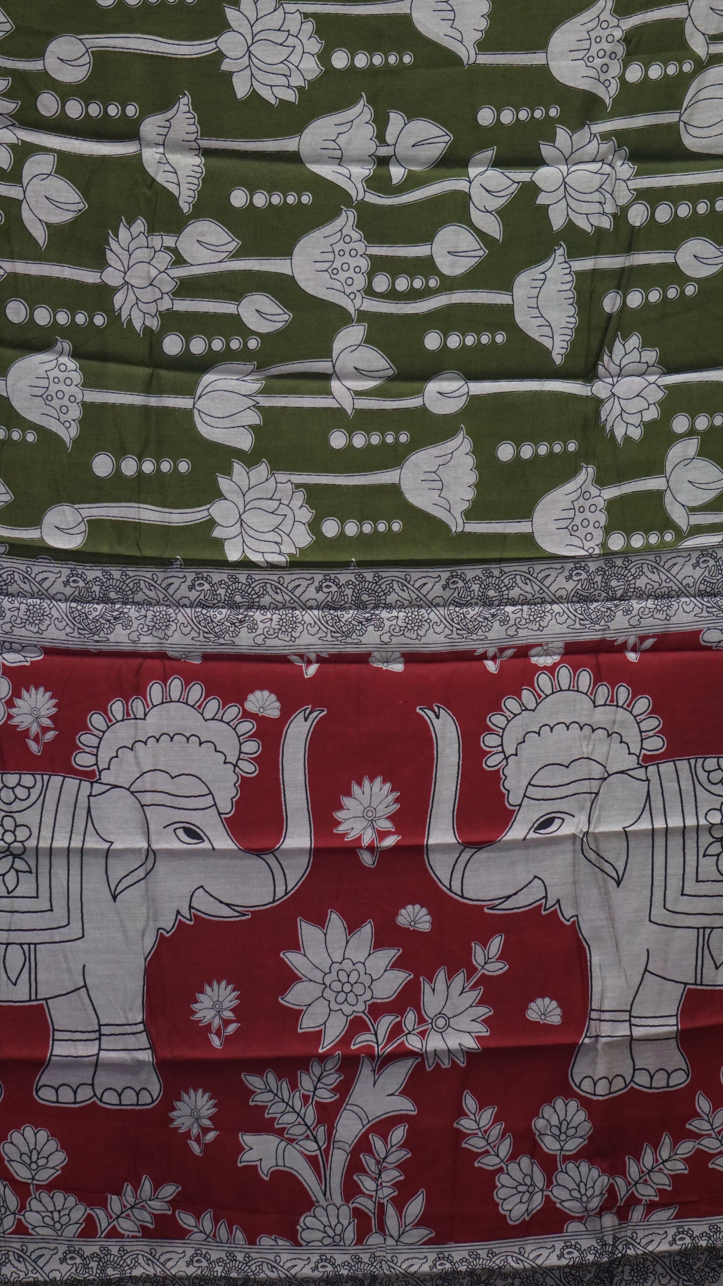 Malai Cotton Saree Pichwai Print - Green With Red Border