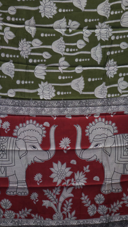 Malai Cotton Saree Pichwai Print - Green With Red Border